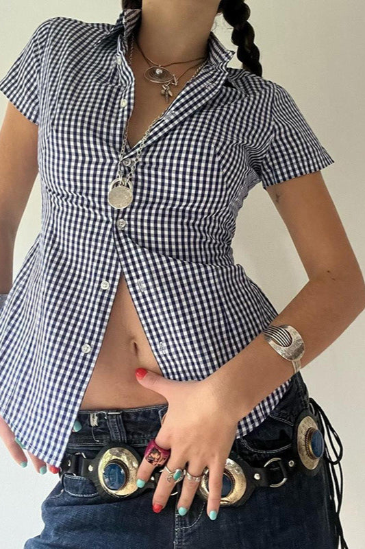 Blue Plaid Fitted Polo Collar Short Sleeve Blouse