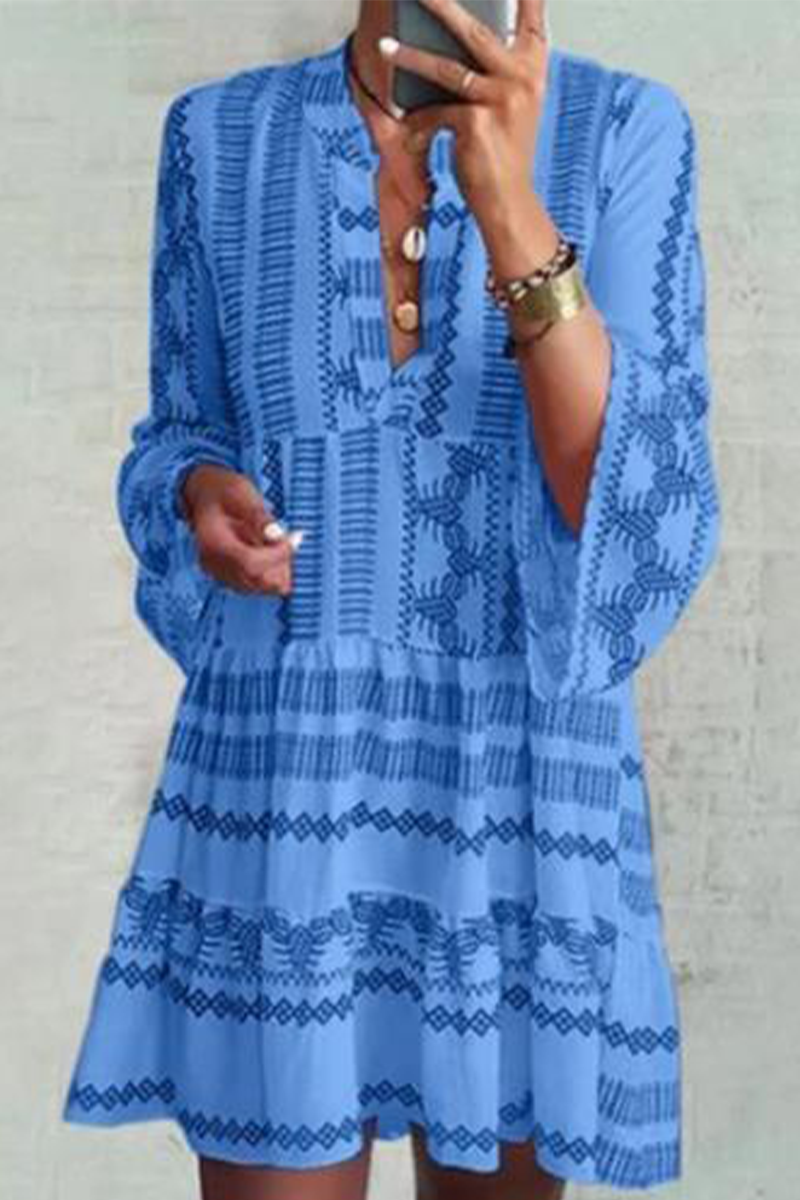 Mandarin Collar V-Neck Long Sleeve Geometric Print Tiered Mini Dress