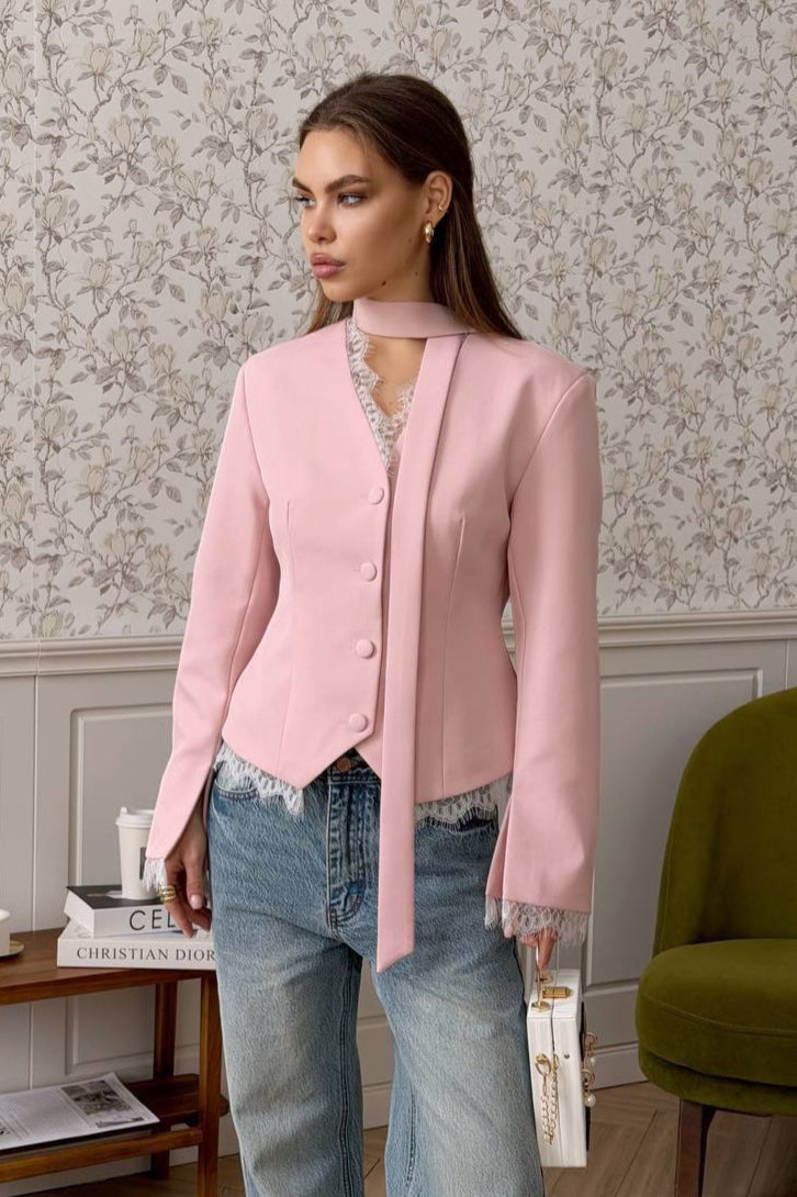 Lace Trim Stand Collar Fitted Blazer 6