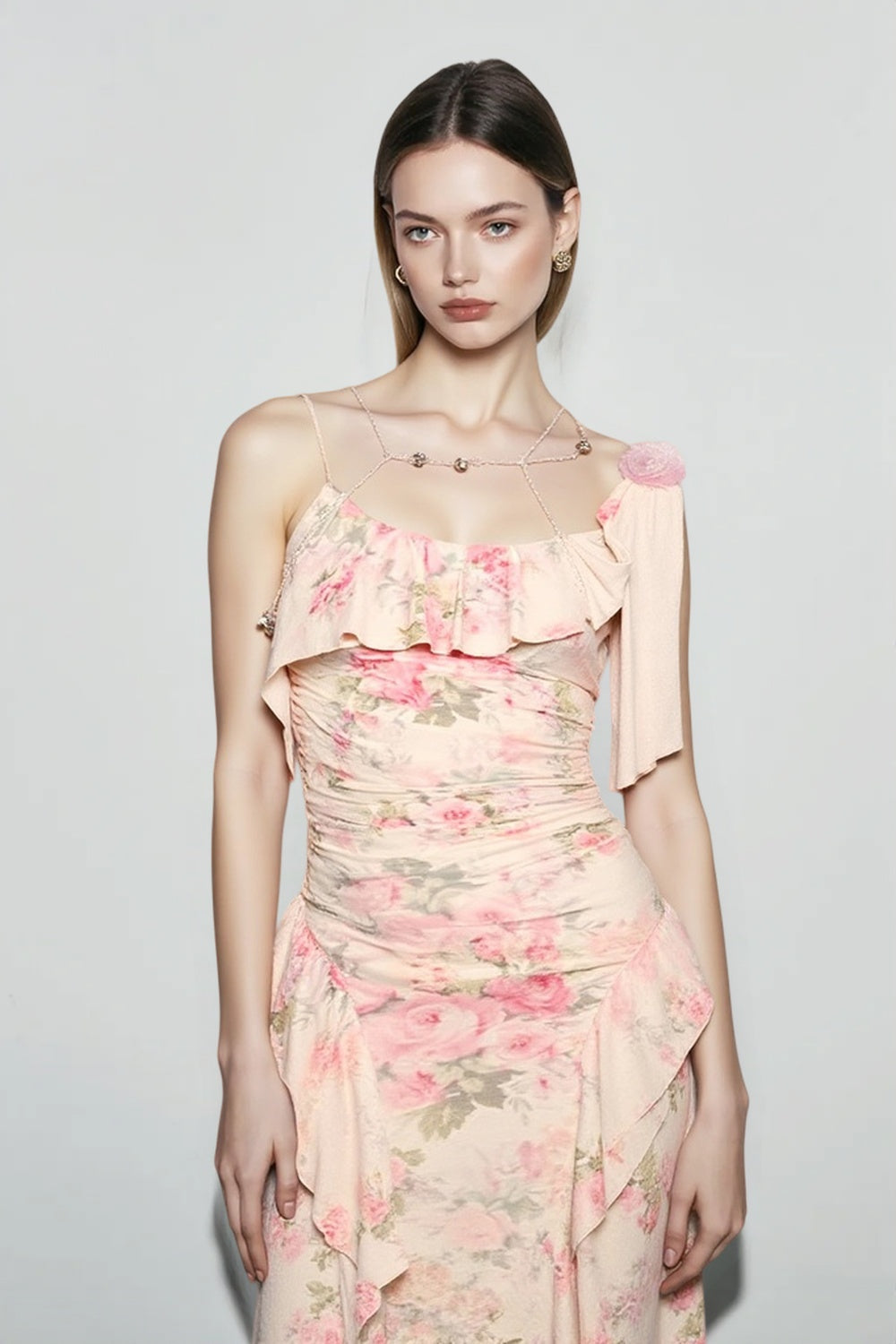 Floral Ruffle Square Neck Ruched Dress 2