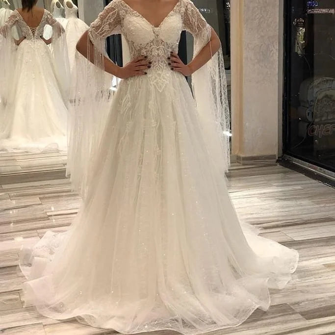 A-Line Deep V-neck Short Sleeves Backless Floor-length Wedding Dress With Appliques Lace Pearl