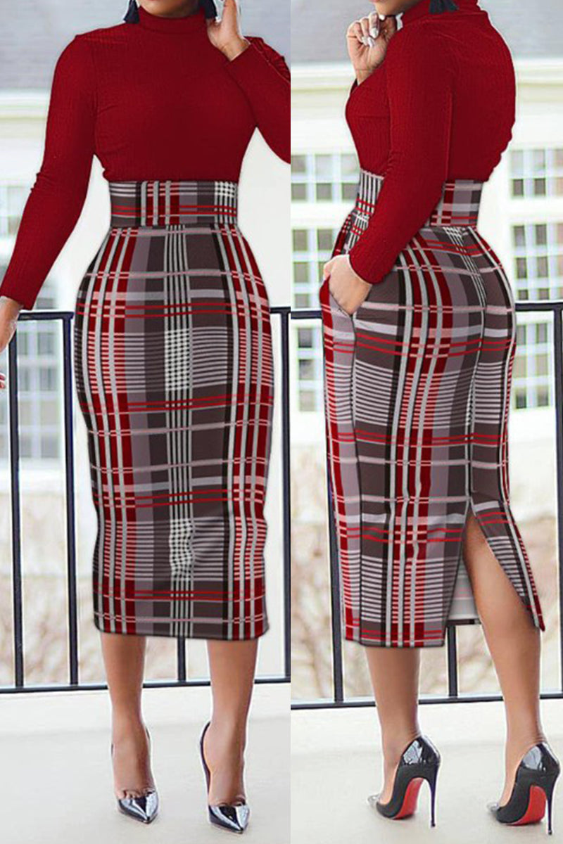 Casual Print Patchwork Slit Turtleneck Long Sleeve Dresses  Fashionpara