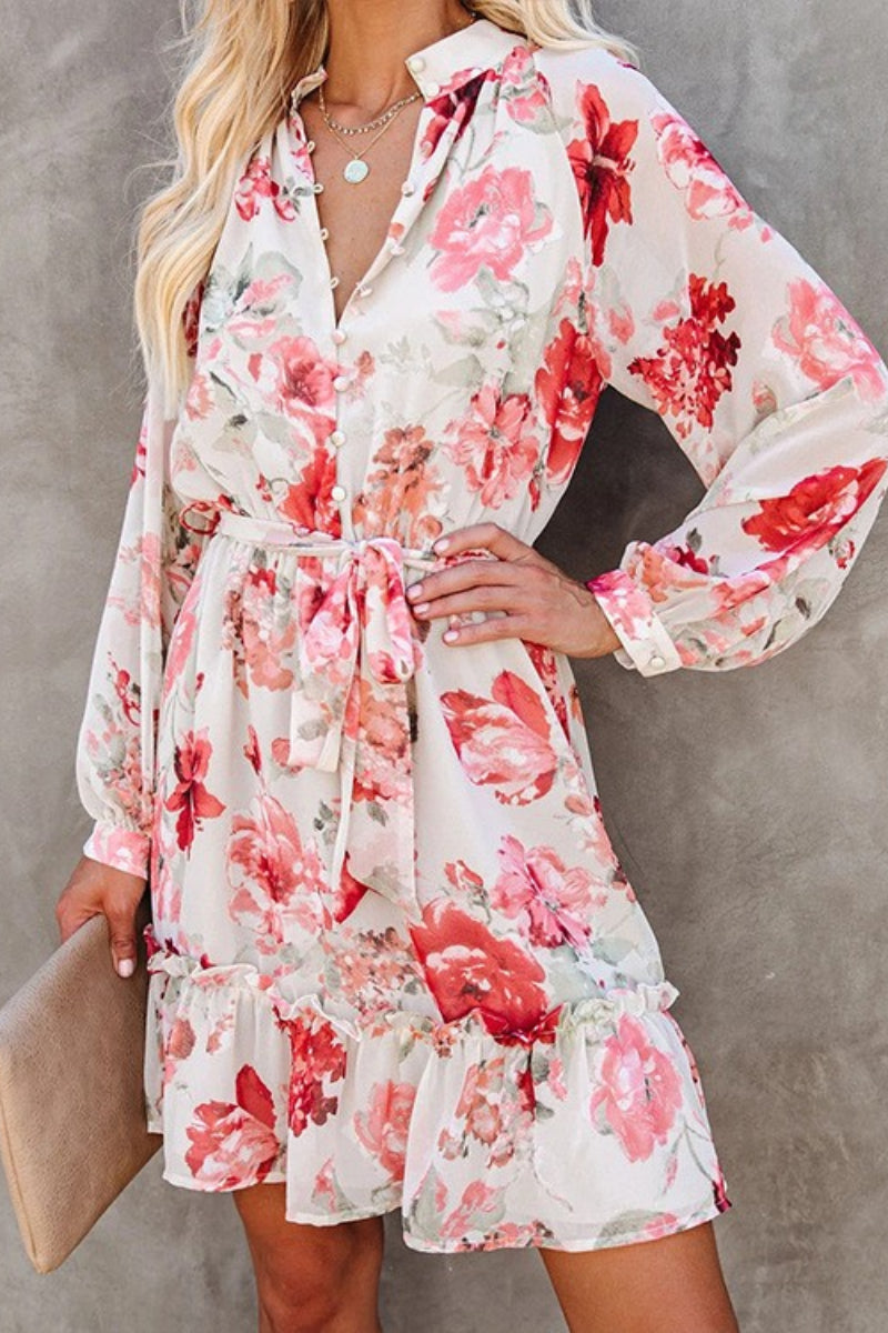 O Neck Floral Printed Long-sleeved Mini Dress