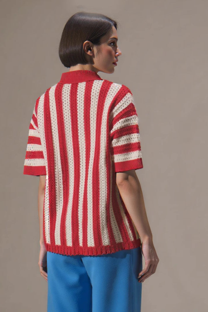 Colorblock Striped Knit Cardigan with Folded Collar Design