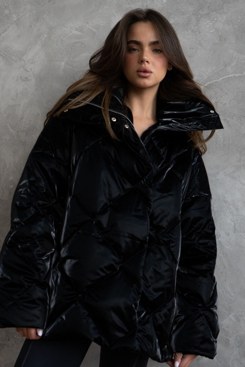 Quilted Oversized Lapel Puffer Coat - Fashionpara