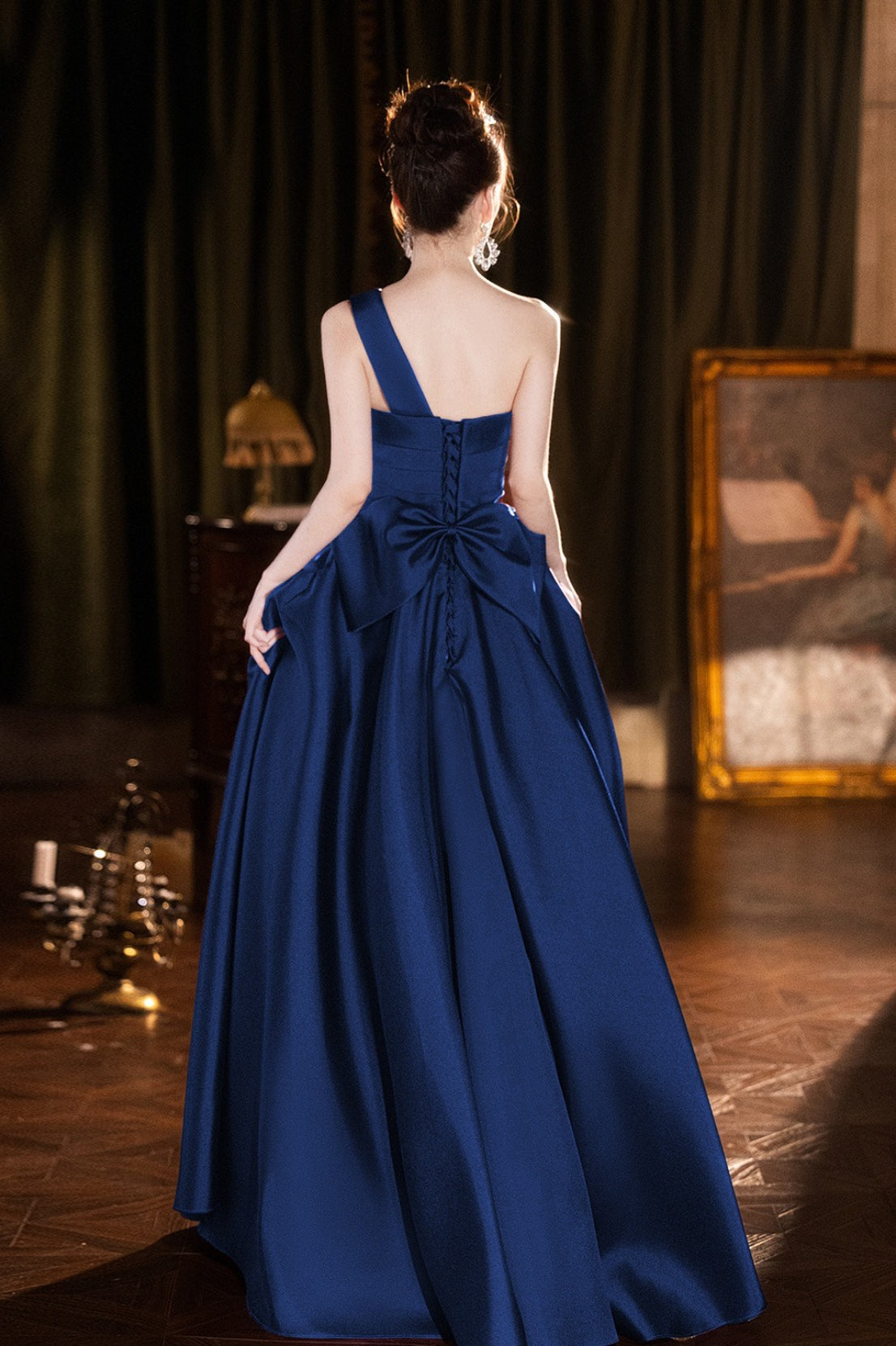 Satin One Shoulder Pleated A-Line Maxi Gown - View 3