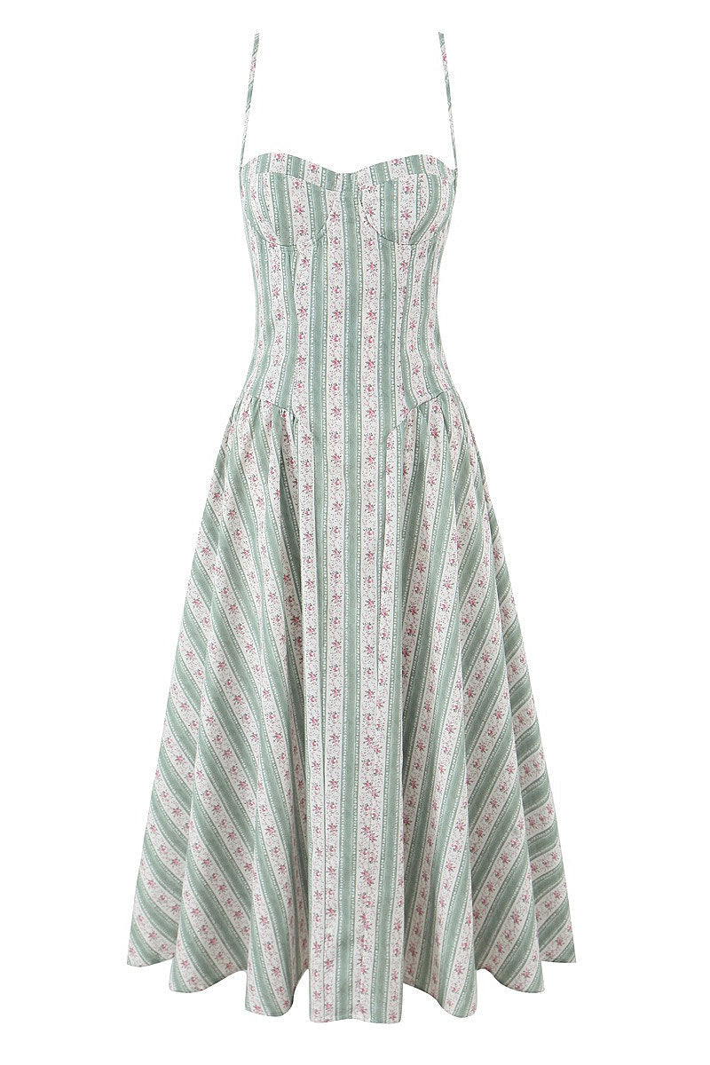 Floral Striped Corset Sweetheart A-Line Midi Dress 4