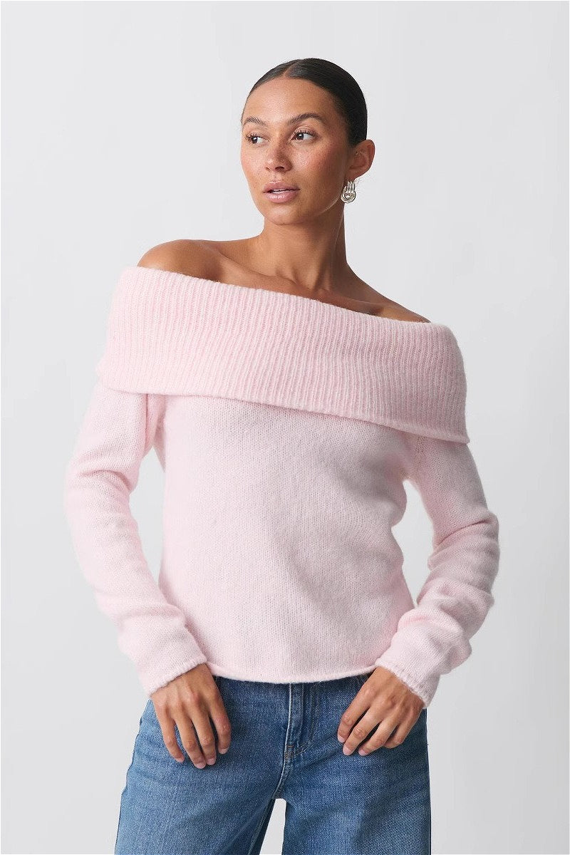 Foldover Collar Off Shoulder Fitted Sweater