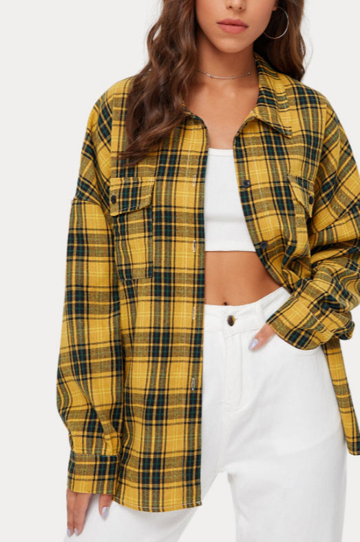 Plaid Stand Collar Button Shirt Blouse - Fashionpara