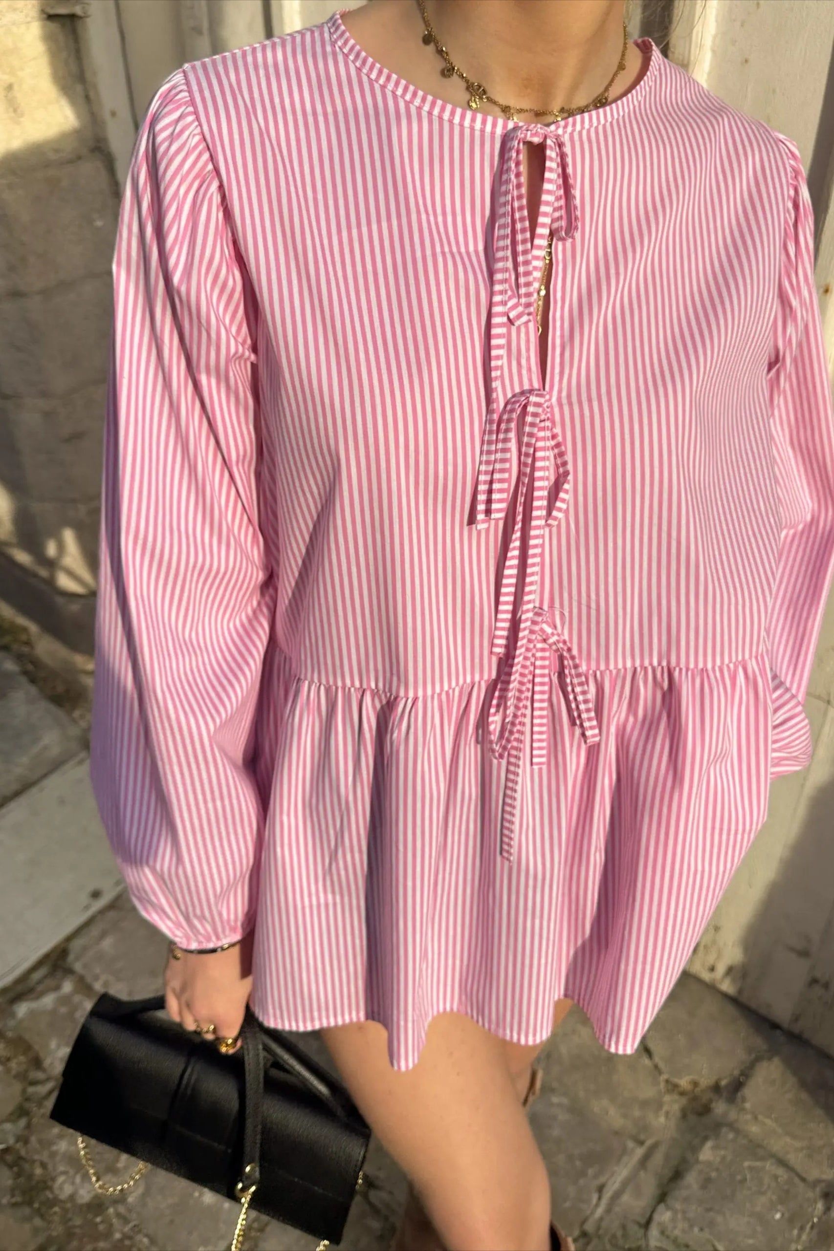 Striped Loose Fit Lace-Up Round Neck Blouse