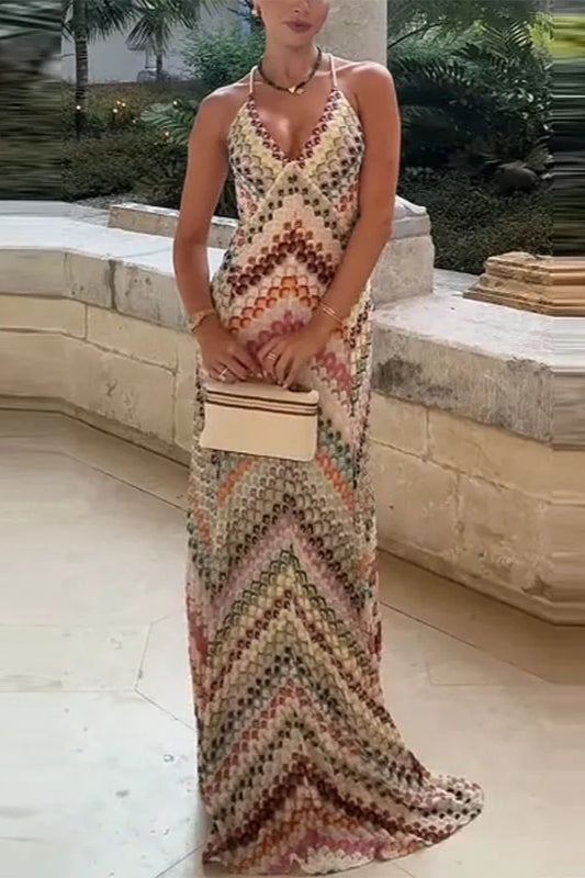 Zigzag Knit Halter Neck Backless Maxi Dress