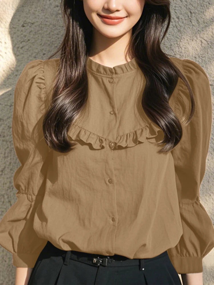Button-Up O-neck Lantern Sleeve Casual Blouse