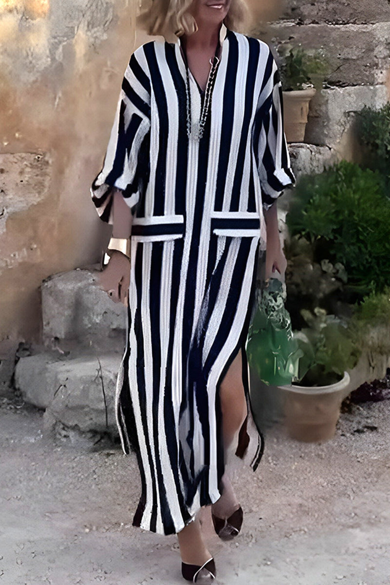 Stripe Print V-Neck Stand Collar Patch Pocket High Split Maxi Dress