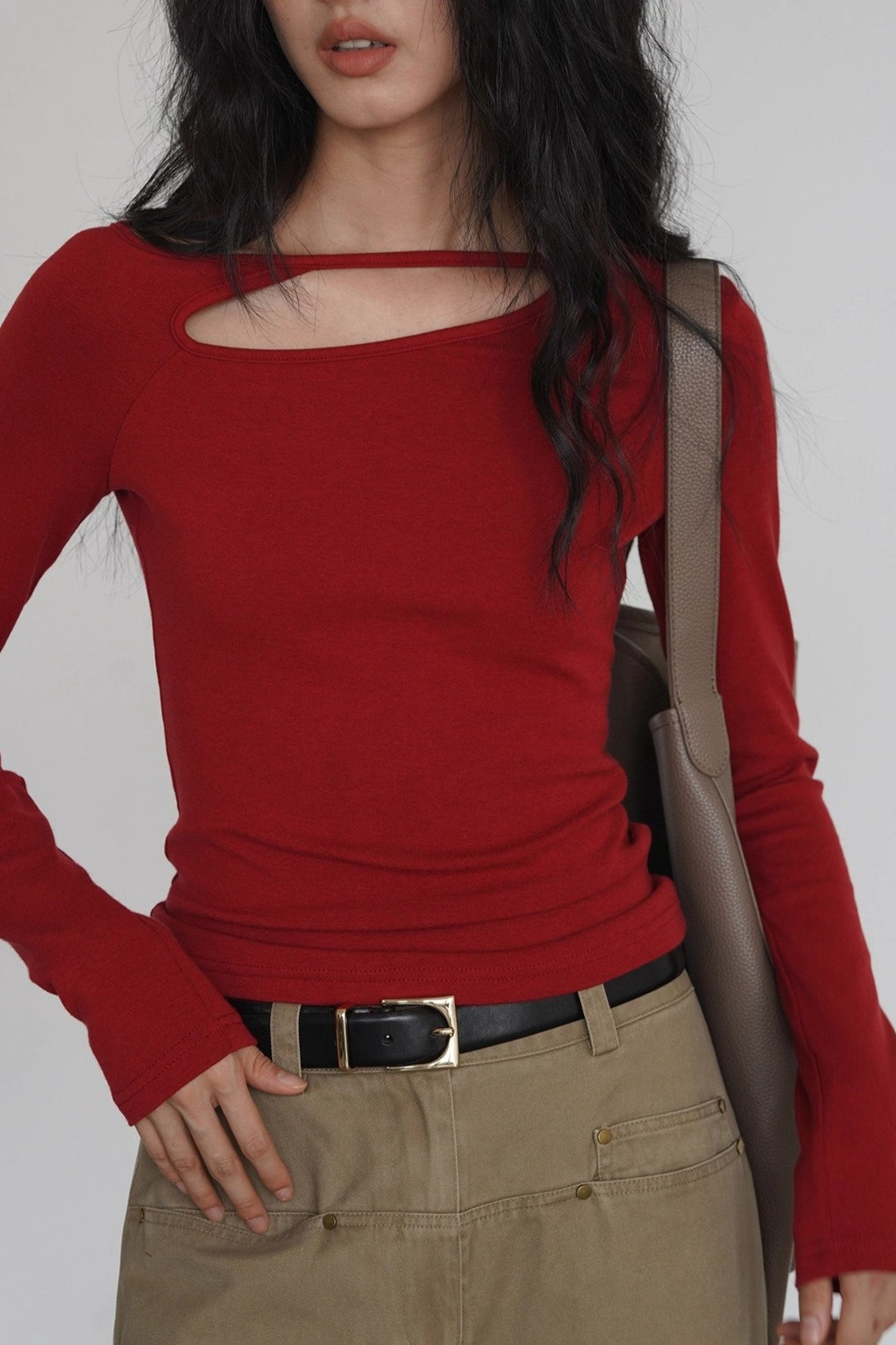 Asymmetric Cutout Slim Knit Top