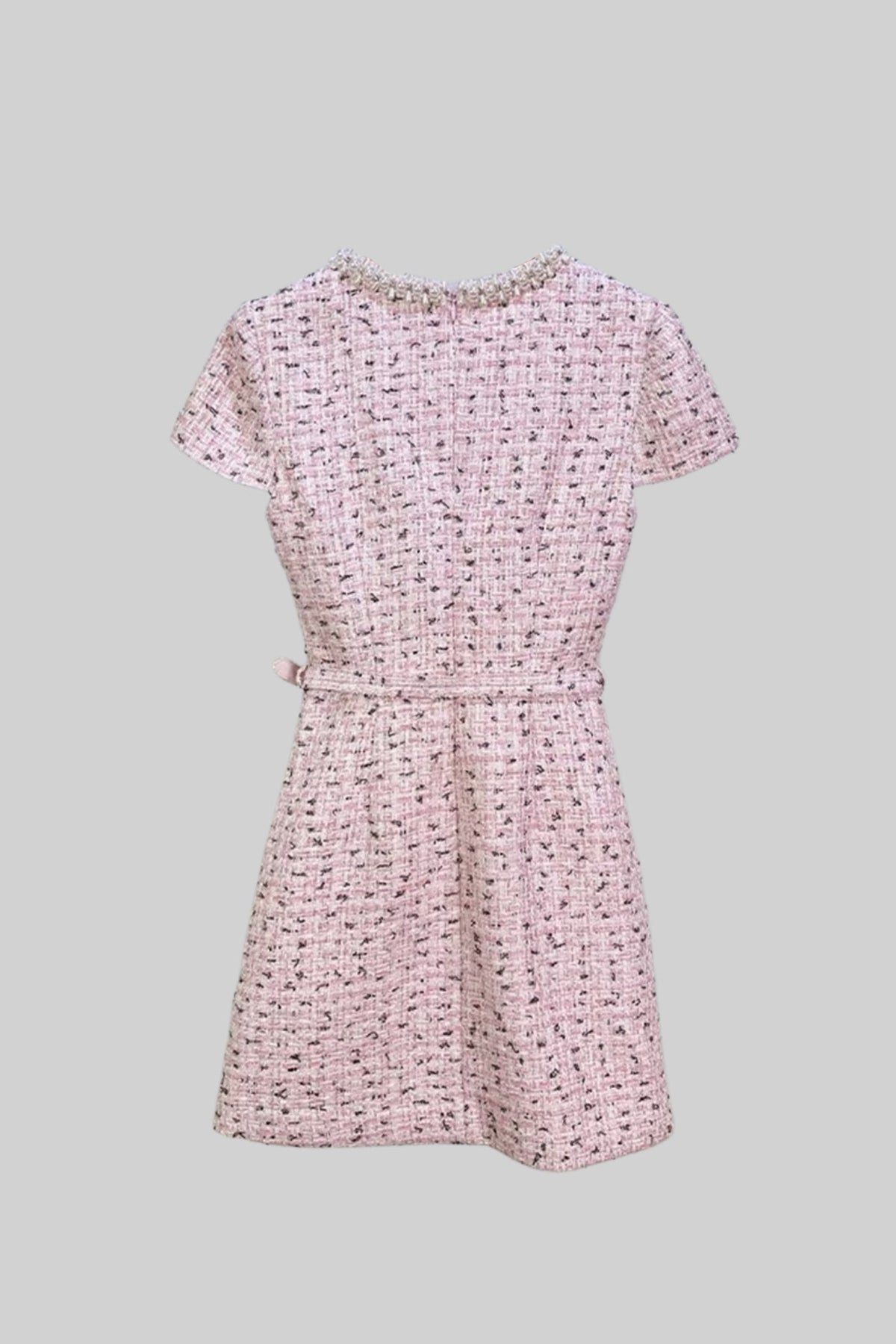 Tweed Pearl Collar Crystal Button Belted Mini Dress - View 15