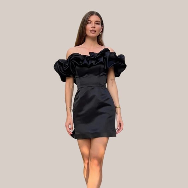 Satin Off Shoulder Dramatic Ruffle Bodycon Cocktail Mini Dress - View 2