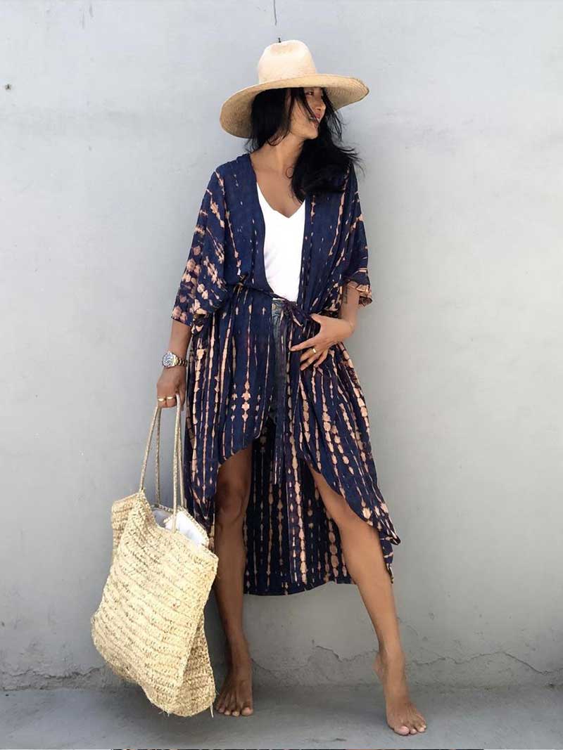 Tie-Dye Print Different Colors Rayon Long Length Gown Kimono Duster Robe - Fashionpara