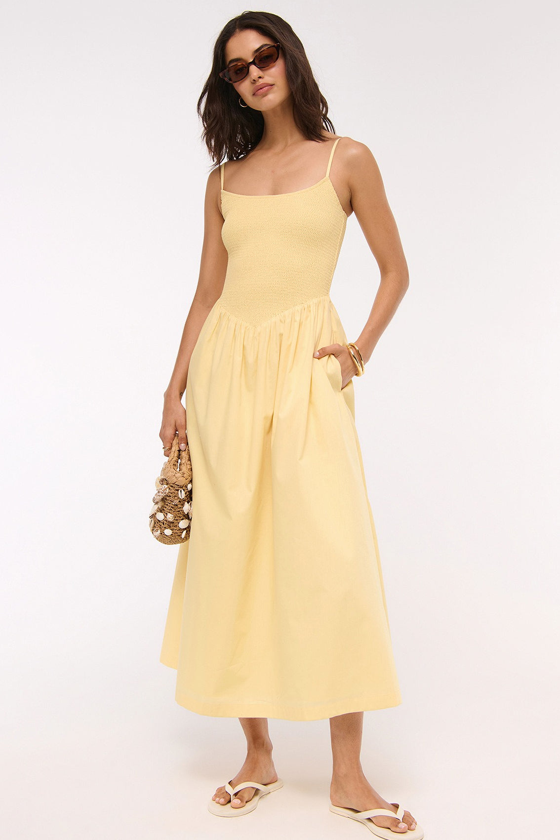 Striped Shirred Bodice A-Line Midi Dress
