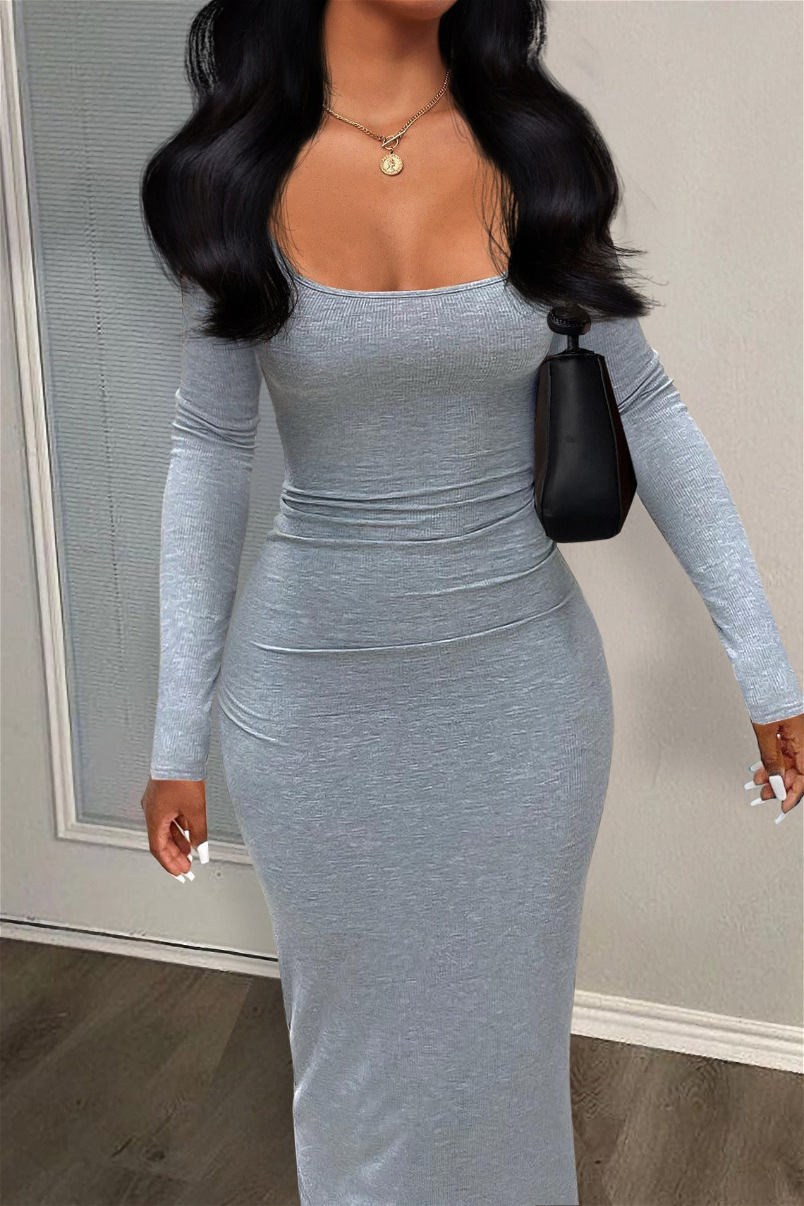 Ribbed Square Neck Long Sleeve Bodycon Maxi Dress