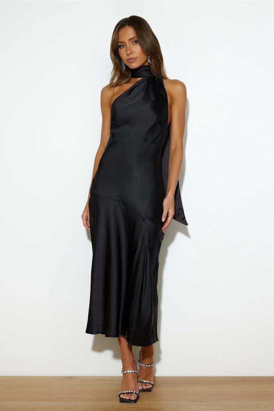 Satin Halter Neck Bias Cut High Split Midi Dress 6