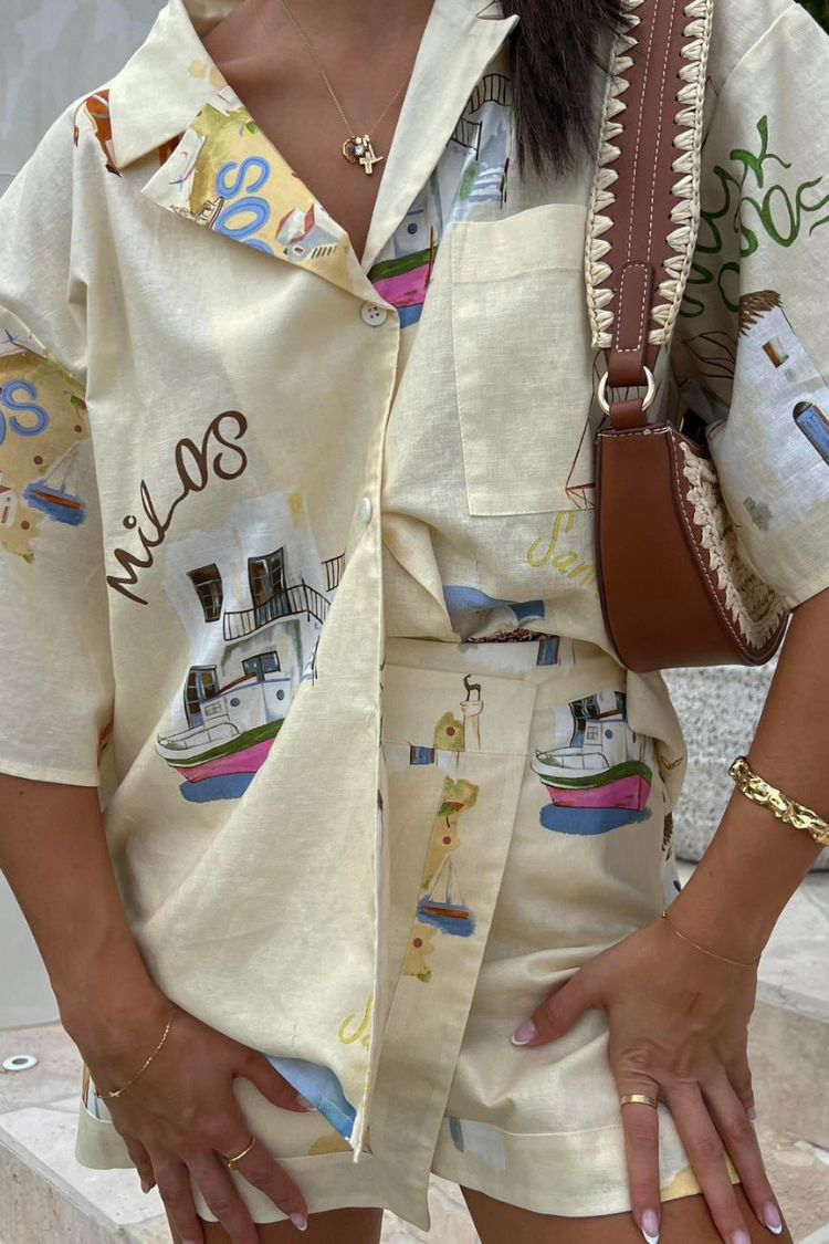 Kea Linen Blend Unique Print Short Sleeve Shirt and High Rise Wrap Panel Miniskirt Set - Fashionpara