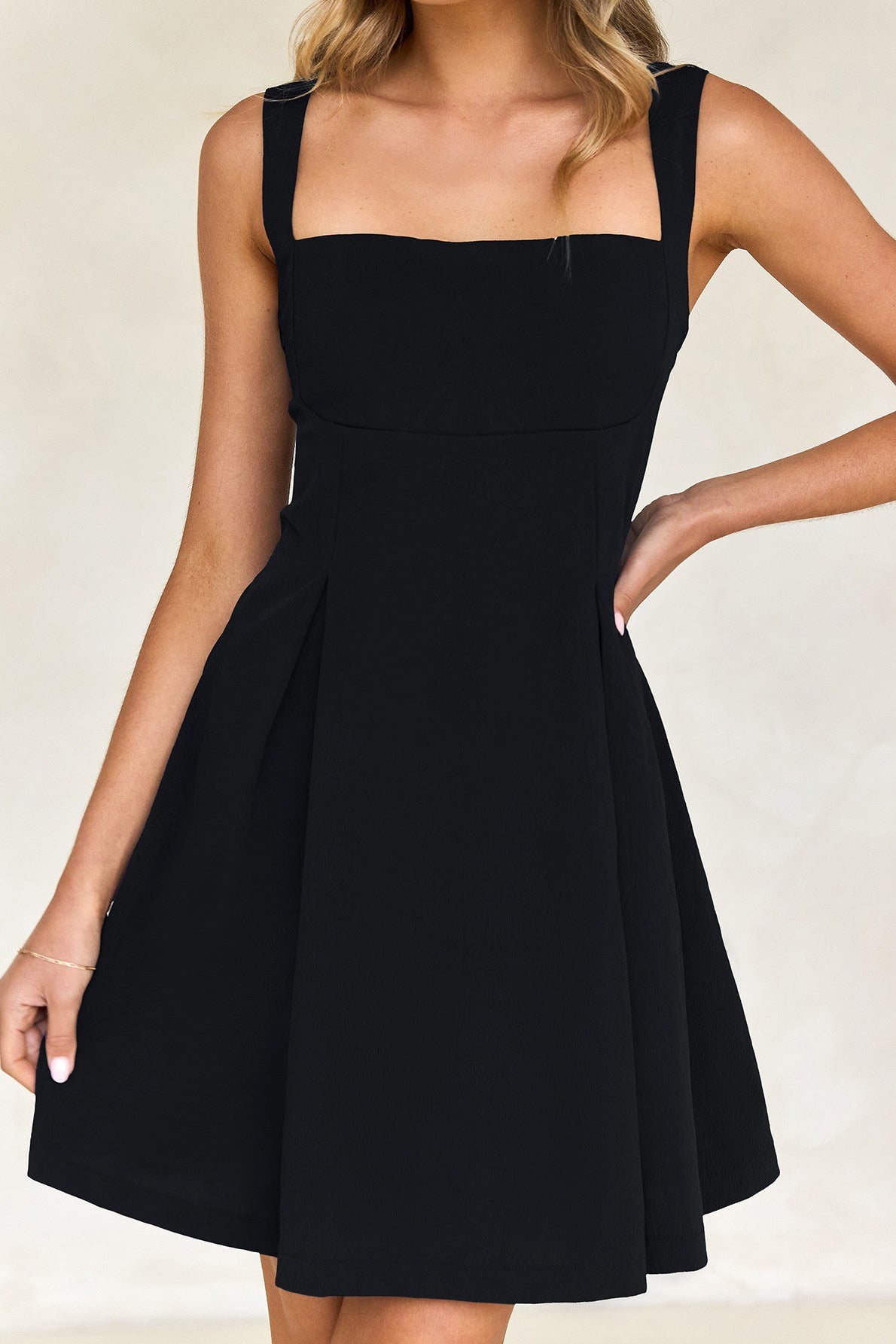 Square-Neck Sleeveless Pleated A-Line Mini Dress