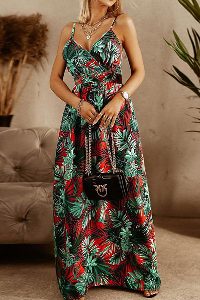 Tropical Leaf Print Spaghetti Strap V-Neck Maxi Dress