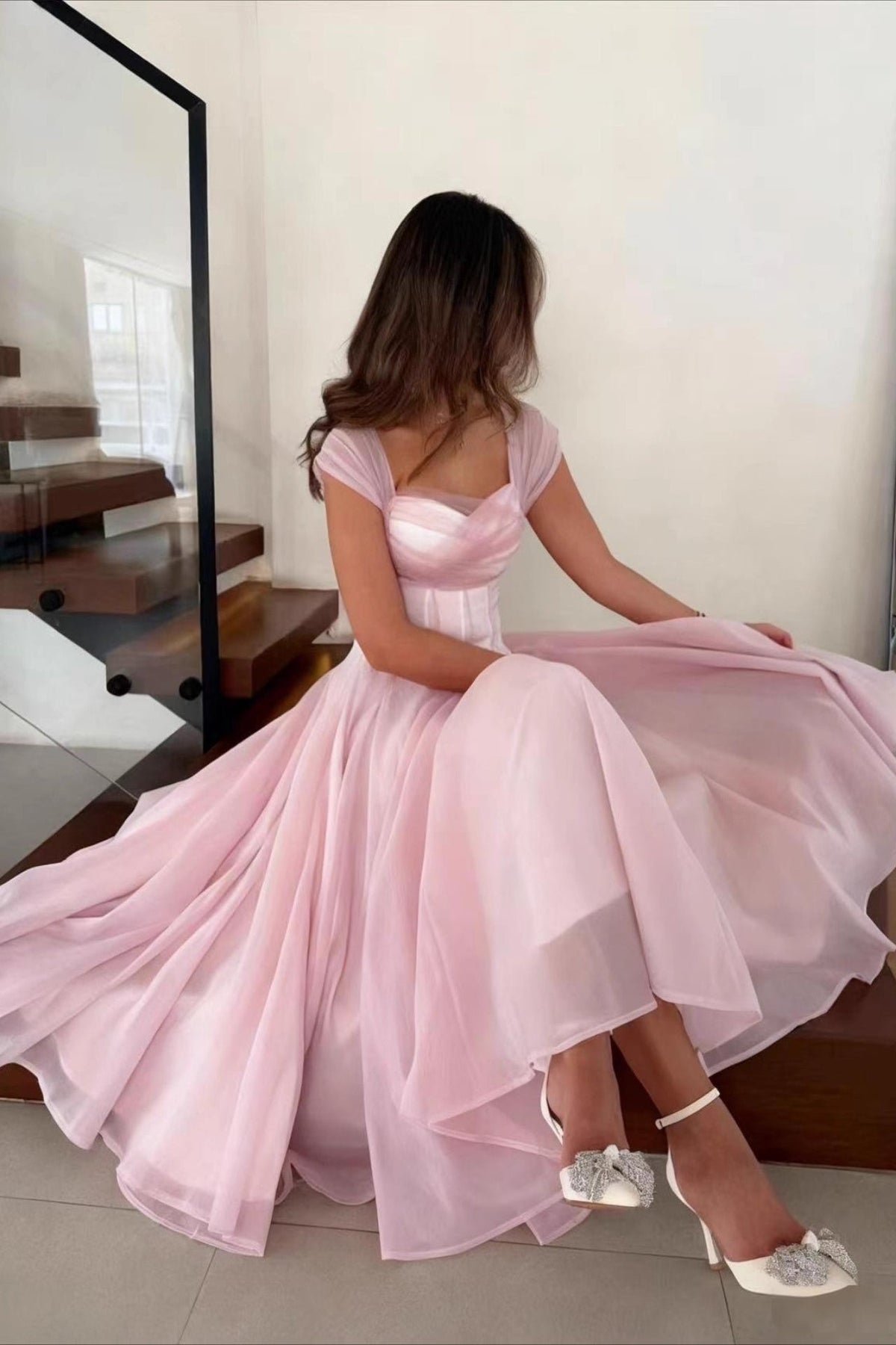 Cap Sleeve Sweetheart Corset Organza A-Line Midi Prom Dress - View 4