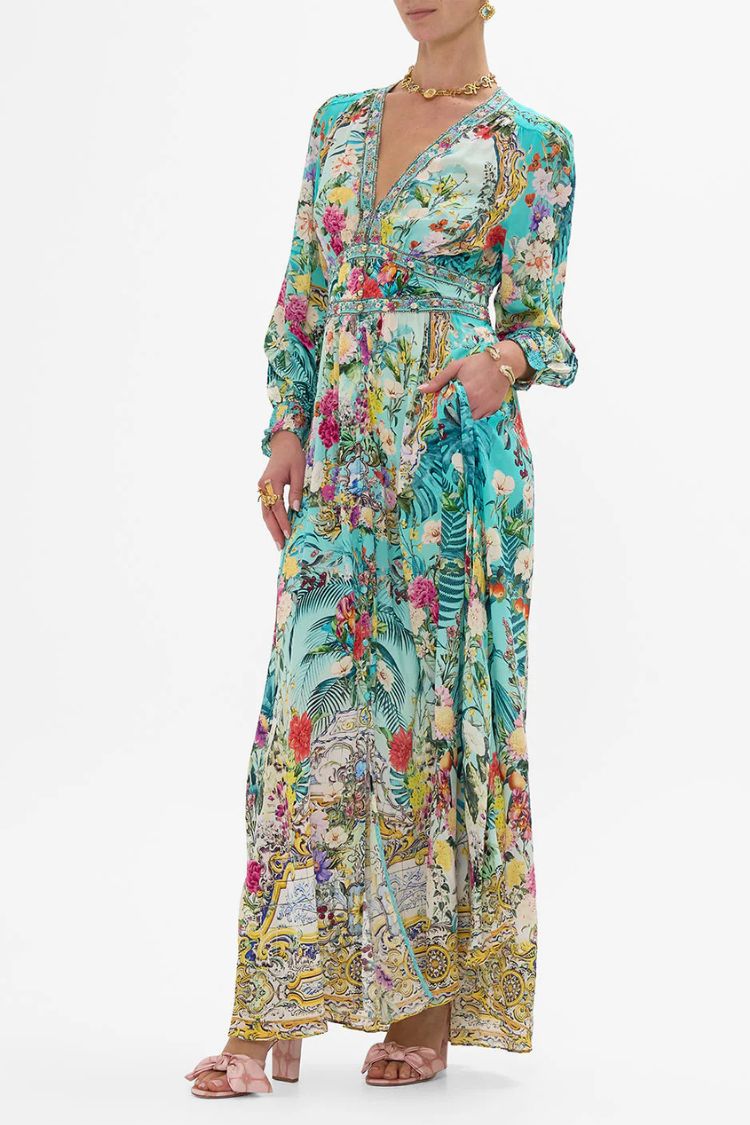 Printed V-neck Long-sleeved Puff Sleeve Waist Maxi Dress - Fashionpara