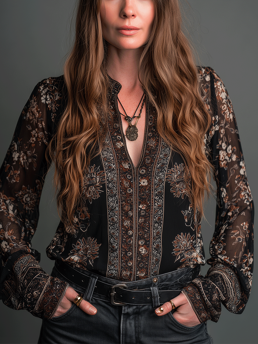 Vintage Sheer Boho Noir Floral Blouse
