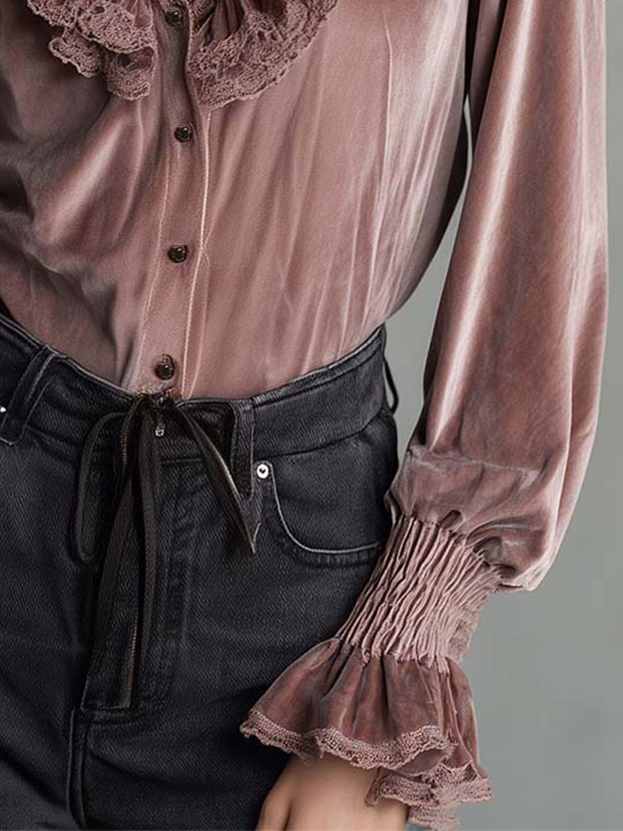 Dusty Rose Velvet Ruffle Blouse With Lace Trim - Fashionpara