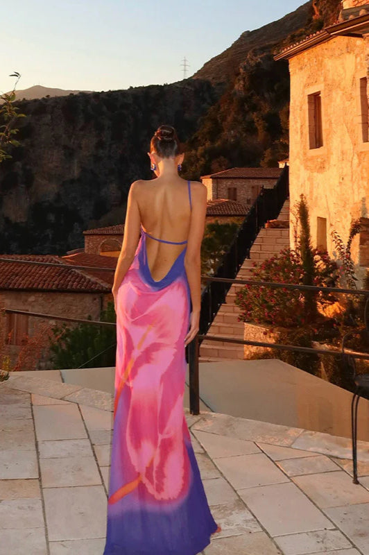 Tie-Dye Print One Shoulder Satin Maxi Dress 2