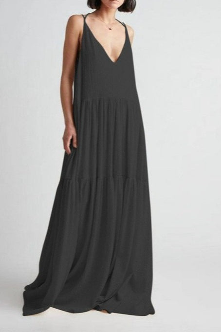 Textured V-Neck Strappy Tiered Trapeze Maxi Dress