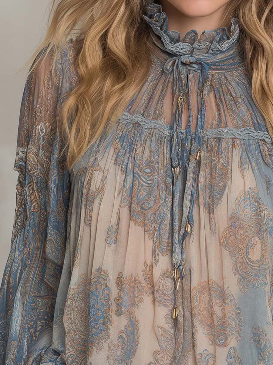 Vintage Sheer Paisley Ruffle Blouse - Fashionpara