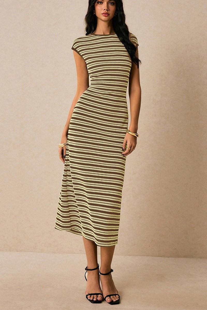 Striped Knit Crew Neck Cap Sleeve Bodycon Midi Dress