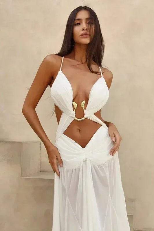 Plunge Neck Cut Out Ring Detail Maxi Gown