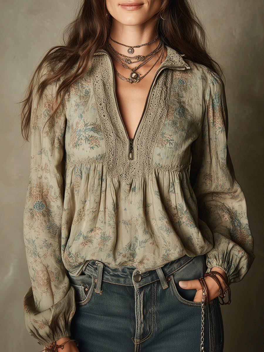 Vintage Boho V Peplum Blouse