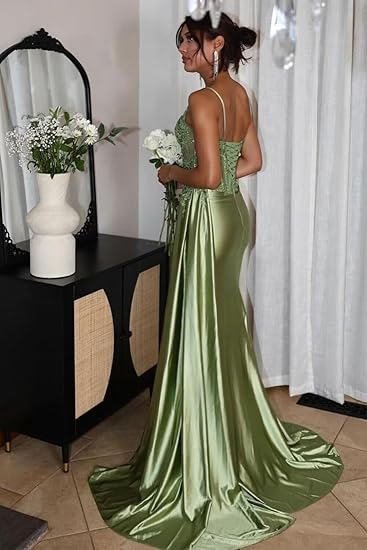 Pretty Mermaid Spaghetti Straps Sage Green Long Satin Prom Dresses Formal Evening Dress SD2416