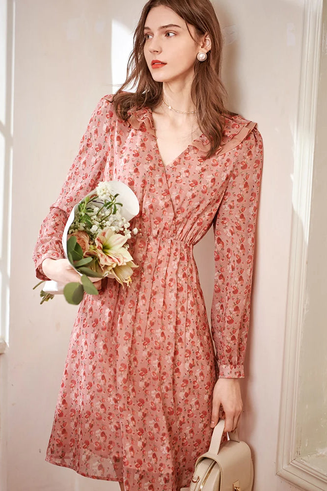 Floral Print Deep V-Neck Ruffle Trim Long Sleeve Midi Dress