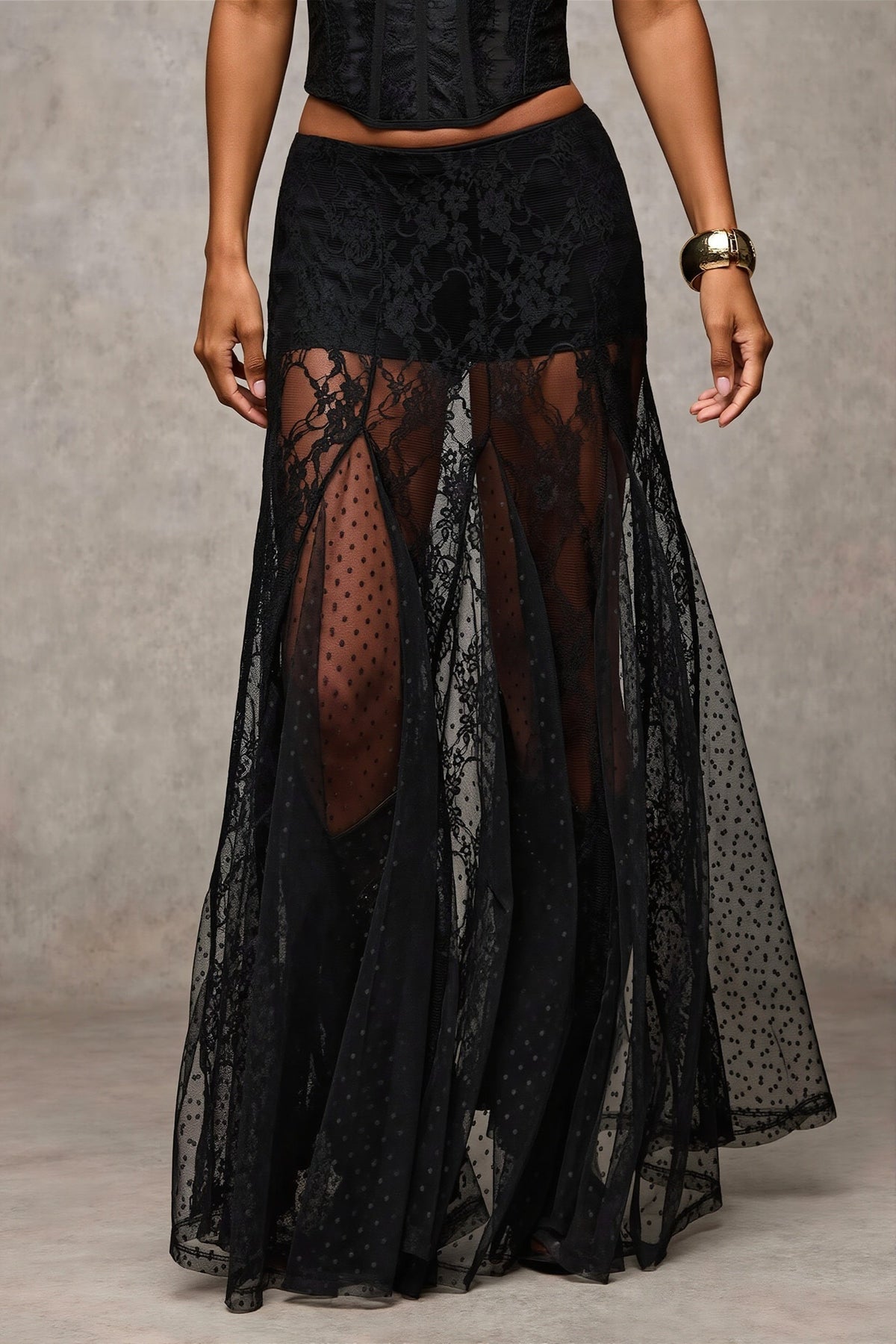 Lace Trim Low Waist Bodycon Maxi Skirt