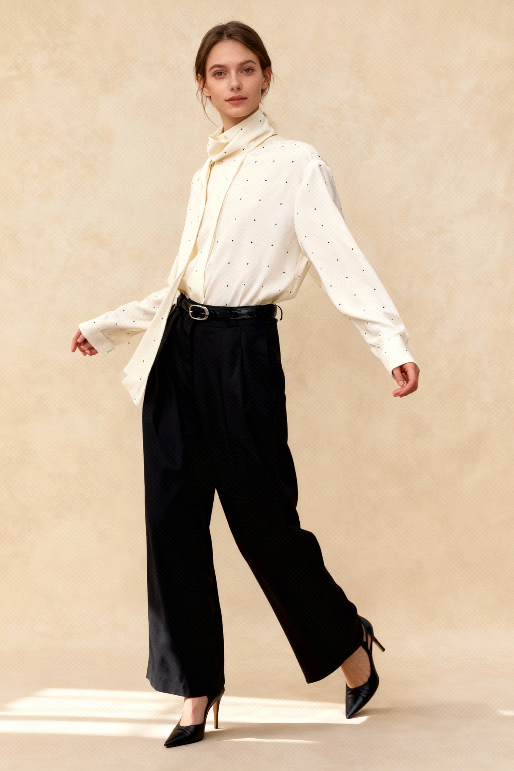 Polka Dot Ribbon-Tie Loose Long-Sleeve Blouse