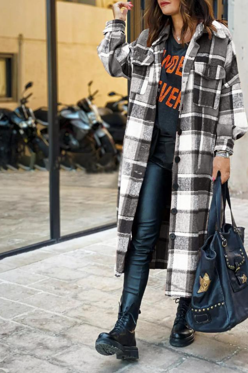 Lapel Plaid Slit Long Woolen Coat Fashionpara