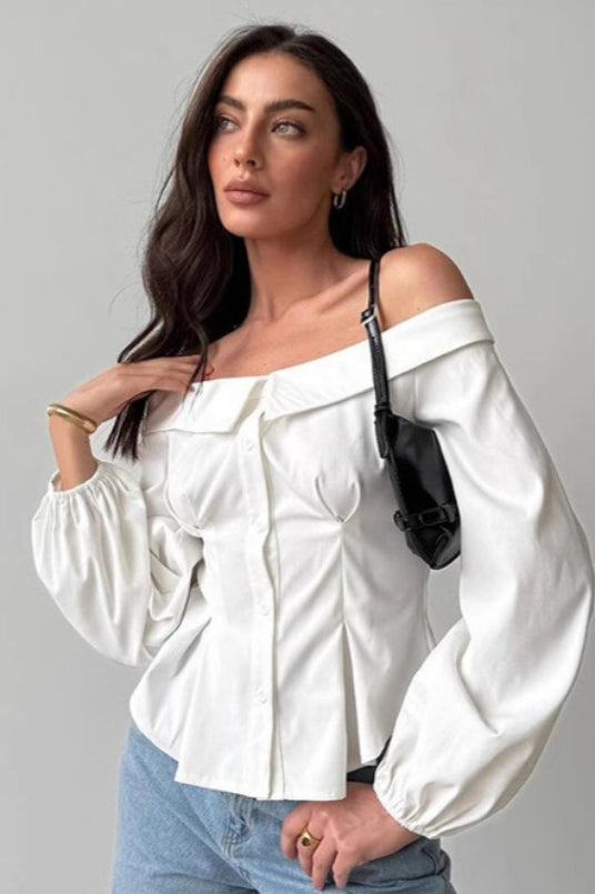 Off Shoulder Ruffled Satin Blouse - Fashionpara