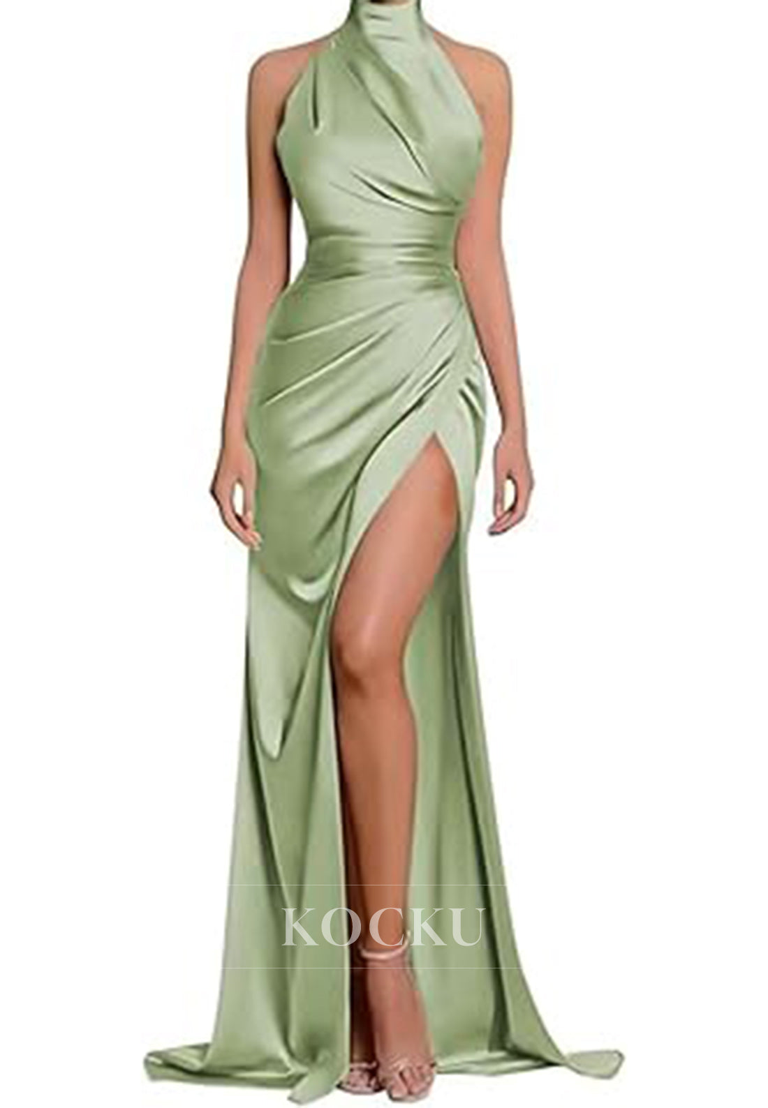 Classic & Timeless High Neck Split Ruched Satin Evening Party Prom Dress