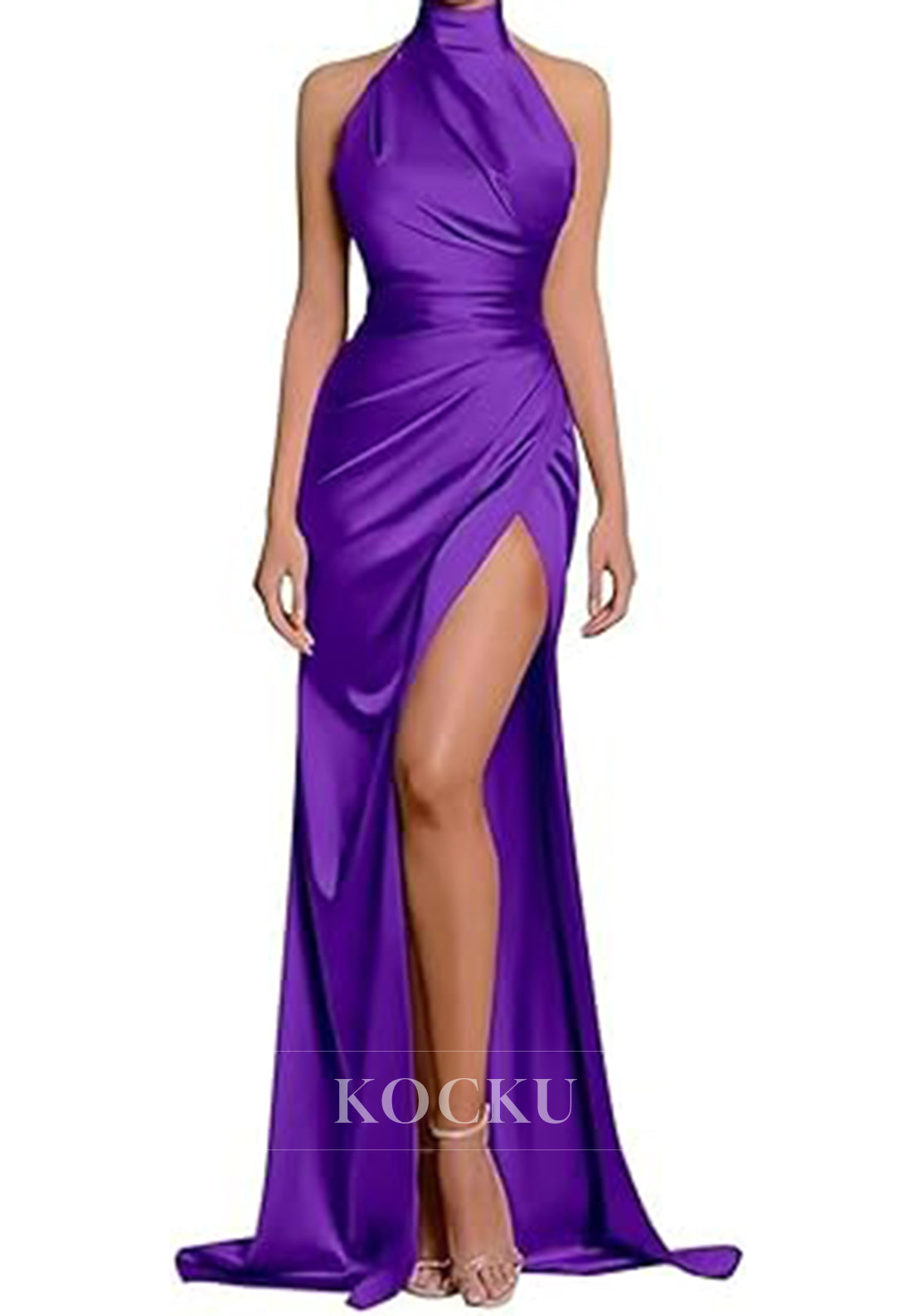 Classic & Timeless High Neck Split Ruched Satin Evening Party Prom Dress