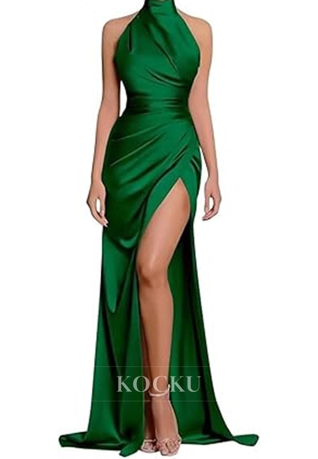Classic & Timeless High Neck Split Ruched Satin Evening Party Prom Dress