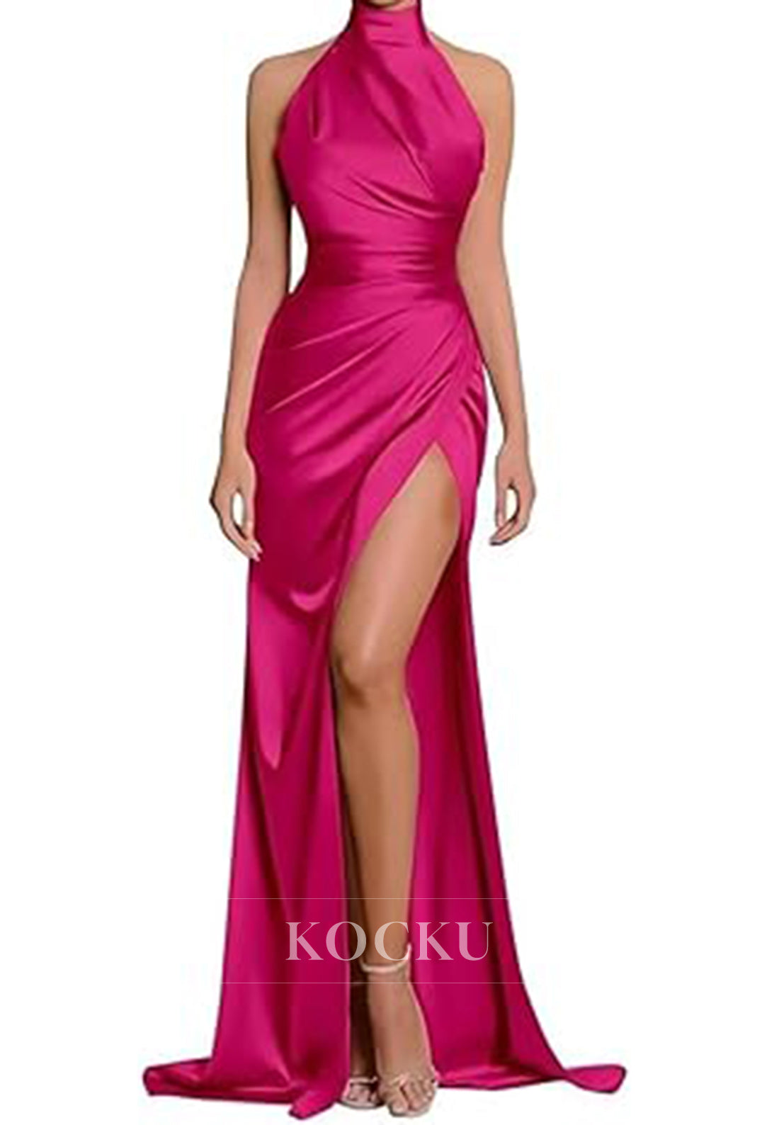 Classic & Timeless High Neck Split Ruched Satin Evening Party Prom Dress