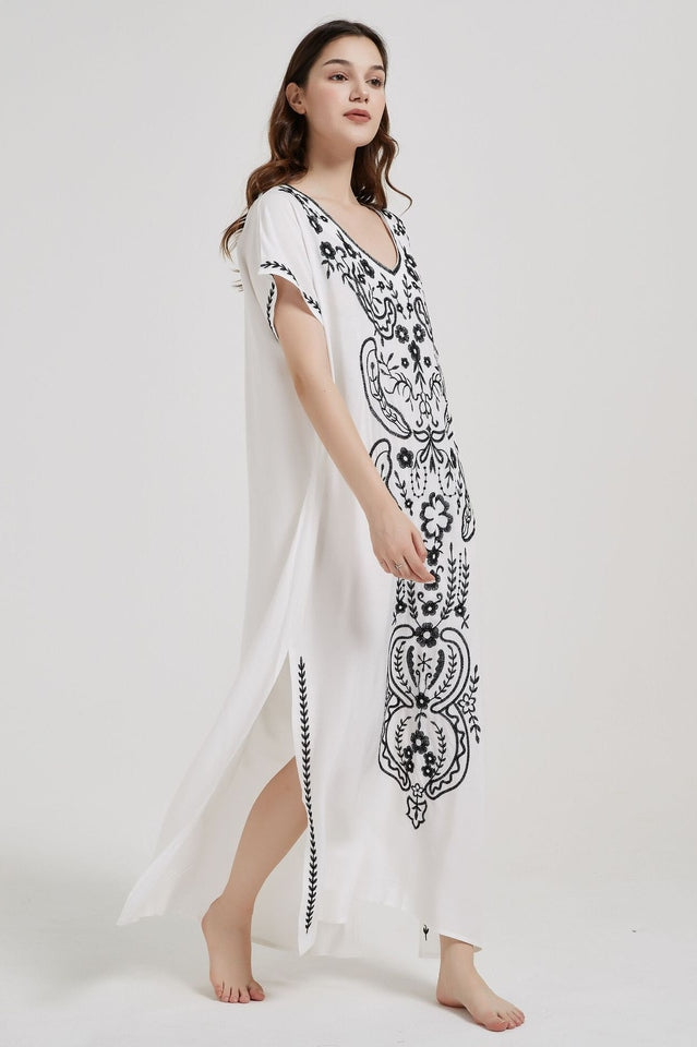 Embroidered V-Neck Short-Sleeve Kaftan Maxi Dress 38