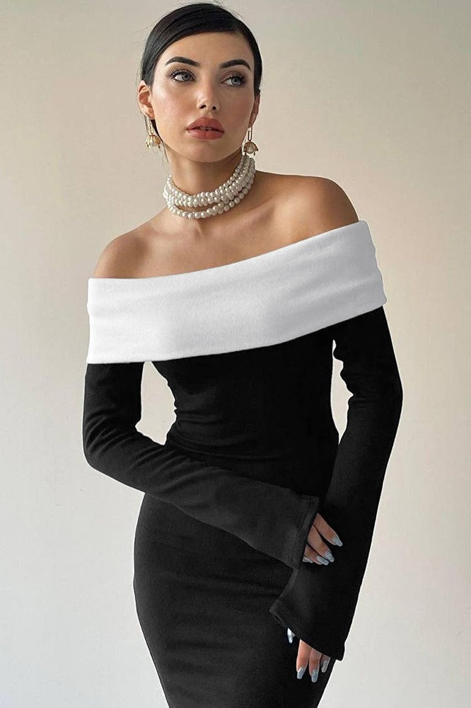 Colorblock Off Shoulder Bodycon Maxi Dress