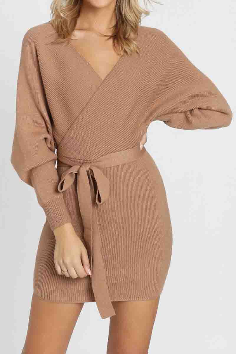 V Neck Knit Sweater Dress(3 Colors)  Fashionpara